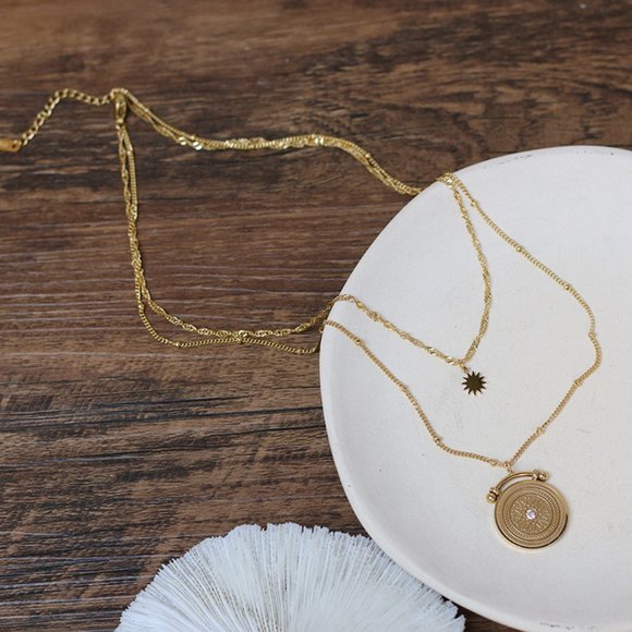 NEW 18K Gold Plated Vintage Diamond Coin Star Double Layer Necklace - Picture 12 of 14